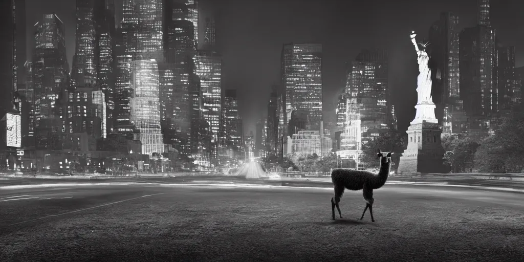 Image similar to a llama walking through a desolate manhattan city street at night, statue of liberty seen in the background, realistic 4 k octane beautifully detailed render, 4 k post - processing, highly detailed, intricate complexity, epic composition, magical atmosphere, cinematic lighting, masterpiece, ultra hd