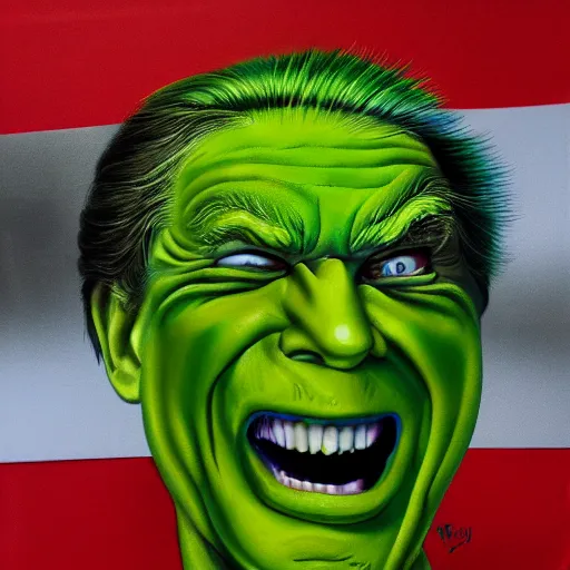 Image similar to president trump is a smiling laughing bright green lizard person, airbrush painting, hyper detailed, 8 k.