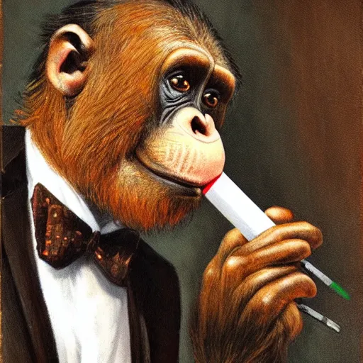 Image similar to a high detail photo of an antropomorphic chimp wearing a suit smoking a cigarrette, subject= chimp, subject detail: wearing a suit, subject action: smoking a cigarrette photorealism