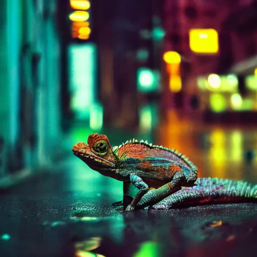 Image similar to a high quality low wide angle photo of a chameleon on the streets of a cyberpunk city, rainy, reflective ground, neon lights, realism, 8k