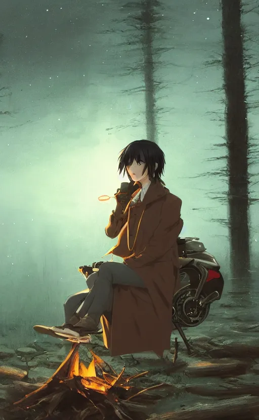 Prompt: An anime girl with short black hair and green eyes in a tan trenchcoat sitting on a log and drinking tea by the campfire by her motorcycle at night under the stars in the style of Jakub Rozalski, evocative, mystical night, detailed, award winning, masterpiece digital painting by Greg Rutkowski, Alex Grey, artstation, 4k wallpaper