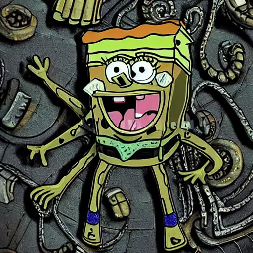 Prompt: a detailed high-resolution photo of Spongebob in the style if Giger