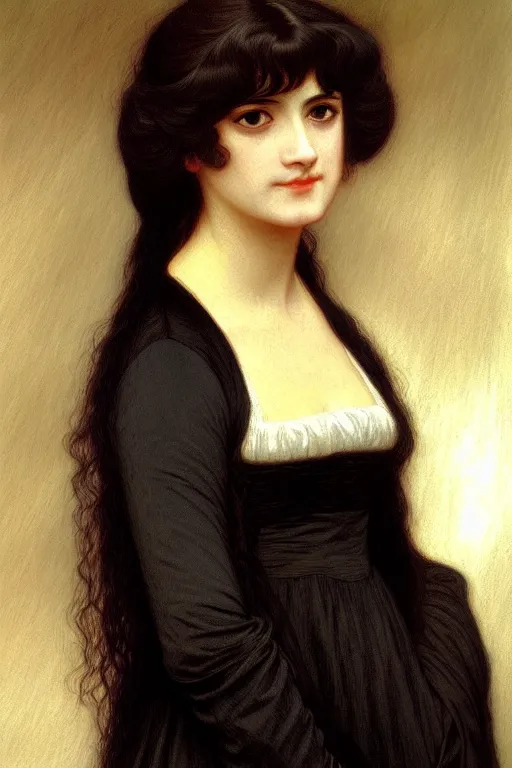 Prompt: jane austen black long hair, painting by rossetti bouguereau, detailed art, artstation