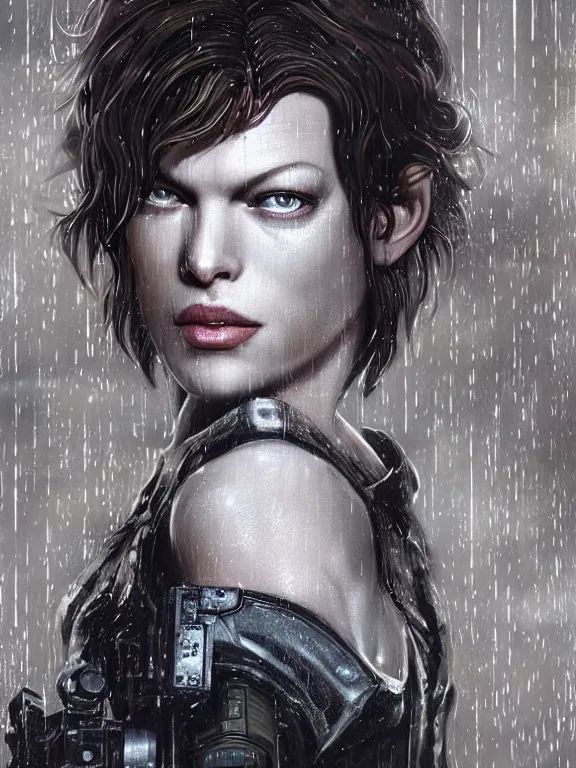 Image similar to portrait of Milla Jovovich from Resident Evil fighting in the wreckage city in the rain,by tom bagshaw,Cedric Peyravernay,James Paick,Ted Nasmith, peter gric,Hugh Ferriss,trending on artstation,8k,Blade Runner 2049,ultra realistic,high detail,golden ratio,cinematic lighting,maximalist