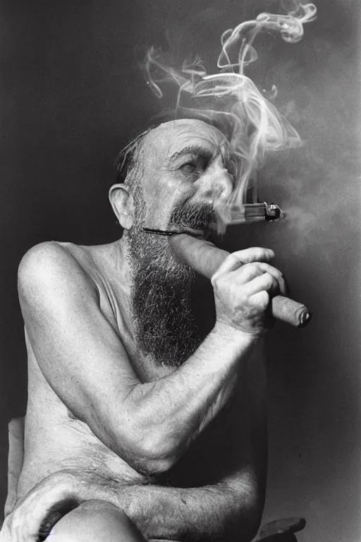 Prompt: a recent photograph of god smoking a cuban cigar by man ray