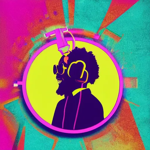 Image similar to svg sticker of a Dancing-Ben-Harper-Snoop-Spike-Lee-with-a-large-Afro-Puff, at a rave, spinning records, giant headphones rocking out, wearing headphones, huge speakers, dancing, rave, DJ, spinning records, digital art, amazing composition, rule-of-thirds, award-winning, trending on artstation, featured on deviantart