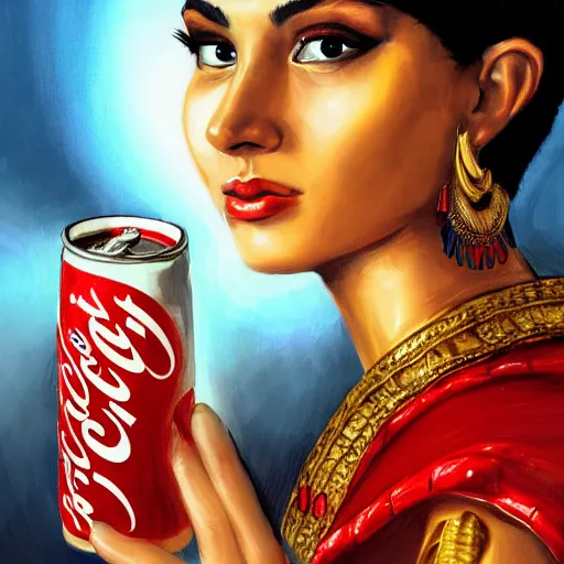 Prompt: a fancy portrait of cleopatra having a coca cola light during lunch break, concept art, detail, realistic, trending on art station, beautiful, colorful, dreamlike