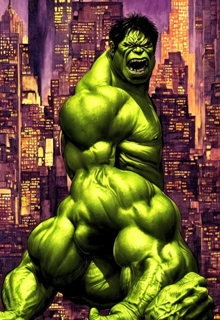 Prompt: a portrait of the incredible hulk looking angry in new york city by alex ross dramatic lighting.