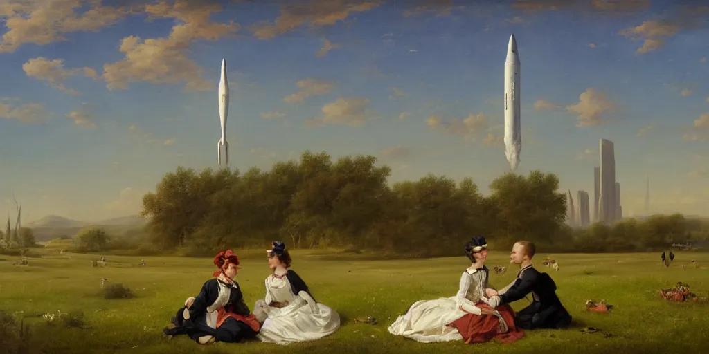 Prompt: a couple in victorian formal attire sitting in grass in front of a skyline of a futuristic spaceport with a rocket taking off, painting in the style of the hudson river school, 4 k