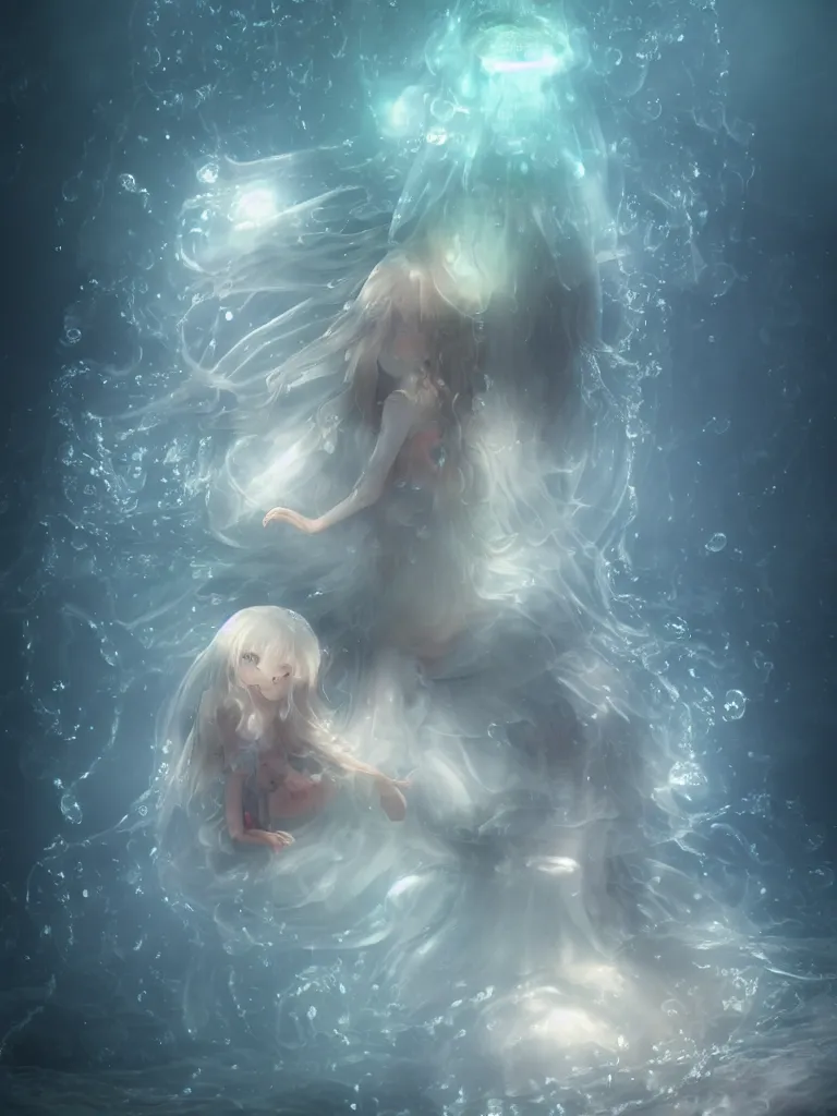 Image similar to cute fumo plush of an otherworldly translucent jellyfish goth girl floating in the deep sea, mysterious tattered maiden tendrils and dress, anime, heavy rain reflective water surface, glowing lens flare wraith girl, wisps of volumetric fog and smoke in refracted vortices, vignette, bokeh, vray