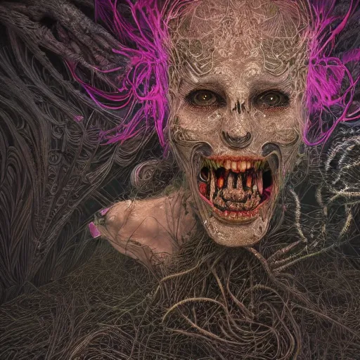 Image similar to photo of terrifying witch, hyper detailed, flowing background, intricate and detailed, trippy, 8 k, octane render