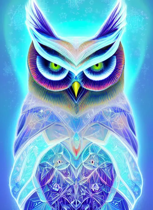 Image similar to symmetry!! product render poster vivid colors divine proportion owl, ice and snow, glowing fog intricate, elegant, highly detailed, digital painting, artstation, concept art, smooth, sharp focus, illustration,