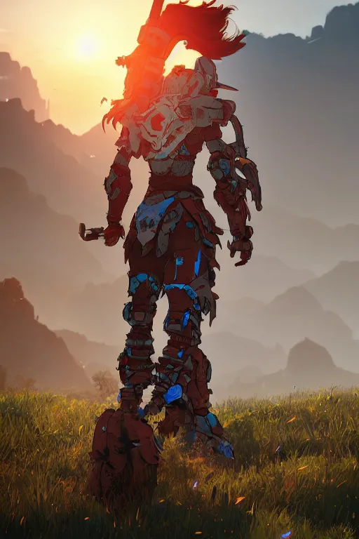 Image similar to combination suit armor aloy horizon forbidden west horizon zero dawn robot ninja mask helmet backpack tribal, aesthetic octane render, 8 k hd resolution, by ilya kuvshinov and cushart krentz and gilleard james radiating a glowing aura cgi rtx 2 0 2 2