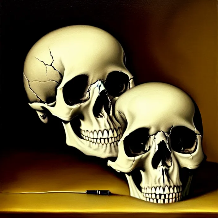 Image similar to still life painting of a skull with neon glowing crystal eyes, by pieter claesz, oil on canvas, strong lighting, highly detailed, hyper realism, golden hour, god rays, hd, 4 k