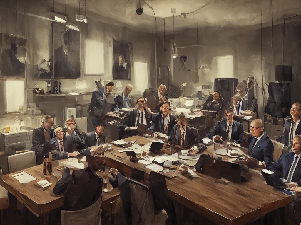 Image similar to a portrait of men in suits with tie sitting on a large table and discussing the world in a painting from stalenhag, 4 k, 8 k, hdr, artstation, concept art