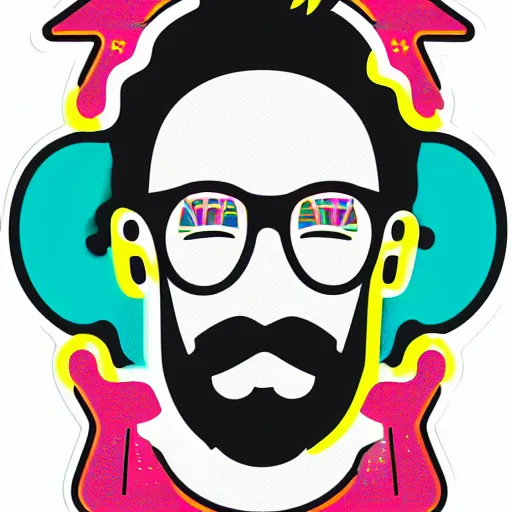 Prompt: Neon hipster man with beard looking smug with quaffed hair and a top hat, sticker, highly detailed, colorful, illustration, smooth and clean vector curves, no jagged lines, vector art, logo, white background with 20px clear margins