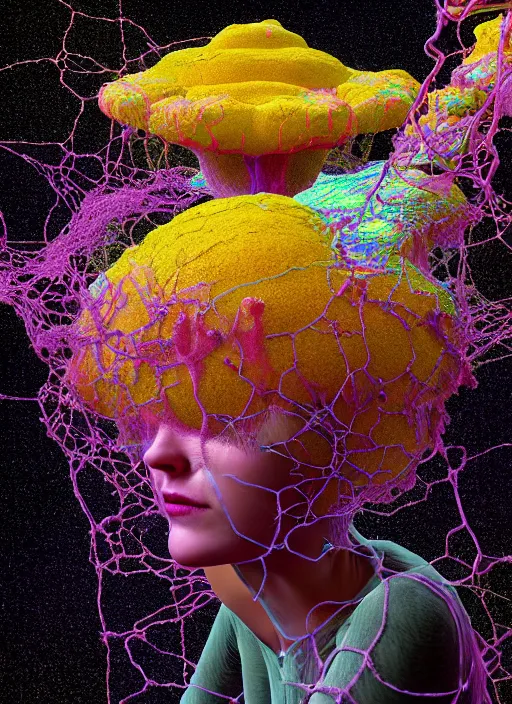 Image similar to hyper detailed 3d render like a Oil painting - Ramona Flowers seen Eating of the Strangling network of colorful yellowcake and aerochrome and milky Fruit and Her delicate Hands hold of gossamer polyp blossoms bring iridescent fungal flowers whose spores black the foolish stars by Jacek Yerka, Mariusz Lewandowski, Houdini algorithmic generative render, Abstract brush strokes, Masterpiece, Edward Hopper and James Gilleard, Zdzislaw Beksinski, Mark Ryden, Wolfgang Lettl, Dan Hiller, hints of Yayoi Kasuma, octane render, 8k