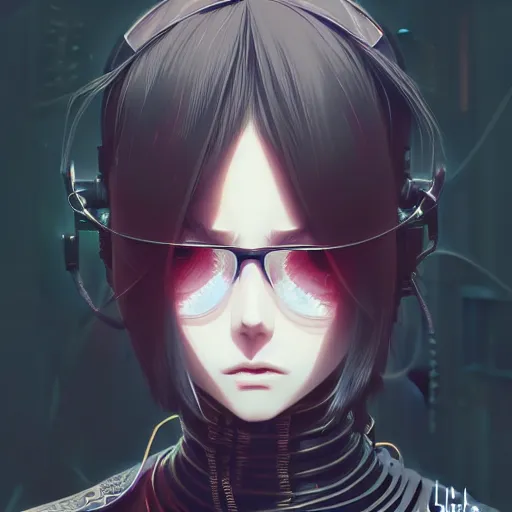 Image similar to by kyoto animation, cool girl wearing cyberpunk intricate streetwear, beautiful, detailed symmetrical close up portrait, intricate complexity, in the style of artgerm and ilya kuvshinov, cell shaded, 4 k, concept art, by wlop, krenz cushart, greg rutkowski, pixiv. cinematic dramatic atmosphere, cinematic lighting, studio quality