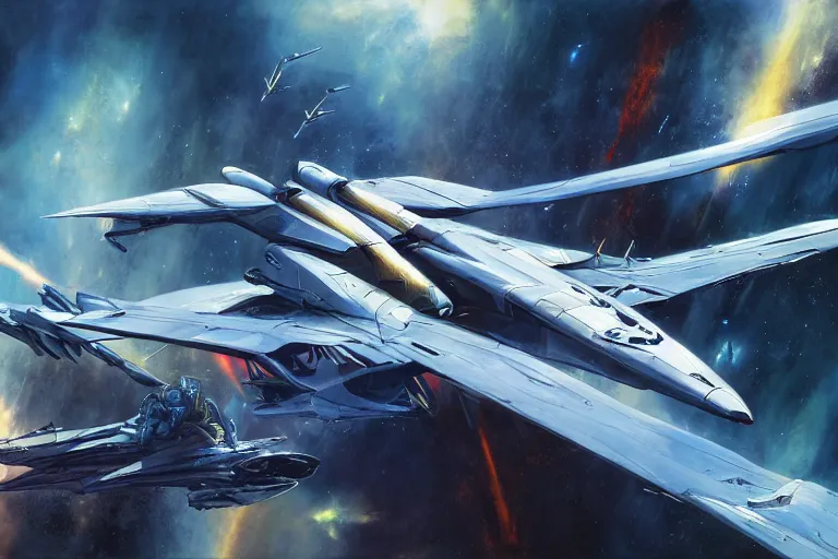 Image similar to nebula by raymond swanland, framing a pteranodon battlecruiser, with white kanji insignias, sleek, white john berkey panels, spines and towers, rows of windows lit internally, sensor array, blazing engines, robotech styling, boeing concept art, cinematic lighting by liam wong