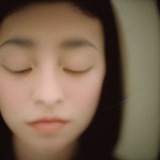 Prompt: A close-up of a woman’s face, captured in low light with a soft focus. There is a gentle pink hue to the image, and the woman’s features are lightly blurred. Cinestill 800t