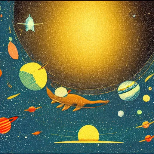 Prompt: a whale floating through space with stars and planets, diffused light, retro, golden ratio, 8 k in style of ivan bilibin,