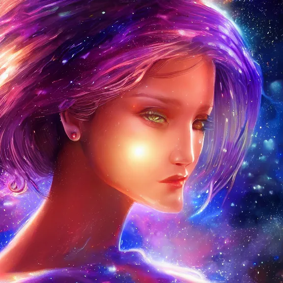 Image similar to highly detailed close up portrait of a celestial girl with a body made of cosmic energy, space background, character art, studio lightning, bright colors, intricate, masterpiece, photorealistic, hiperrealistic, sharp focus, high contrast, Artstation HQ, DeviantArt trending, 4k UHD, Unreal Engine 5