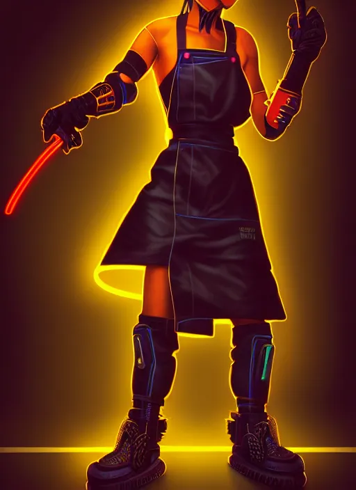 Image similar to cyberpunk neon chef character posing in a battle stance with cyber kitchen knives, scifi kitchen background, diffuse lighting, fantasy, intricate, highly detailed, lifelike, photorealistic, digital painting, artstation, illustration, concept art, smooth, sharp focus, art by john collier and albert aublet and krenz cushart