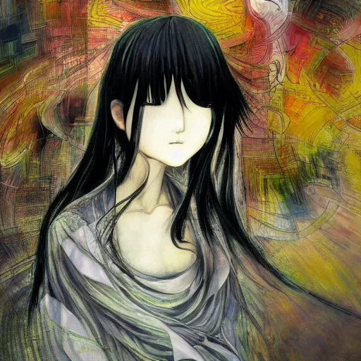 Image similar to yoshitaka amano blurred and dreamy realistic illustration of an anime girl with black eyes, wavy white hair fluttering in the wind wearing dress suit with tie, junji ito abstract patterns in the background, satoshi kon anime, noisy film grain effect, highly detailed, renaissance oil painting, weird portrait angle, blurred lost edges, three quarter view