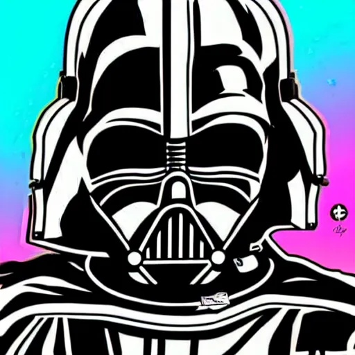 Image similar to artgerm, psychedelic laughing cybertronic darth vader, rocking out, headphones dj rave, digital artwork, r. crumb, svg vector