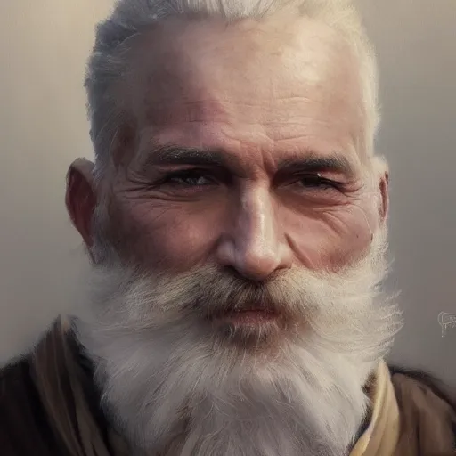 Image similar to An oil painting of a man dressed in priest robes, 50 years old, short grey hair, trimmed beard, sharp facial features, beautiful, highly detailed, by Cédric Peyravernay, by greg rudkowski, trending on artstation