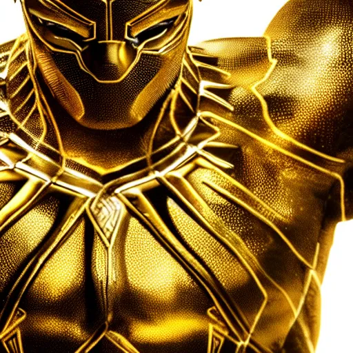 Image similar to a close up photo of a detailed golden statue of Black Panther, 8K,