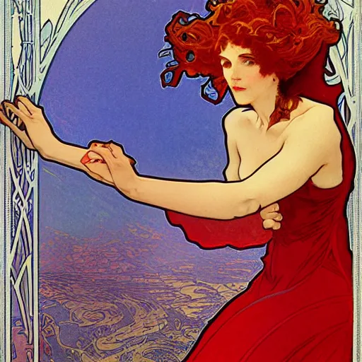 Prompt: Portrait of a female sorcerer with curly red hair wearing a red dress and a red cloak throwing a fireball, art nouveau poster by alphonse mucha, extremely detailed