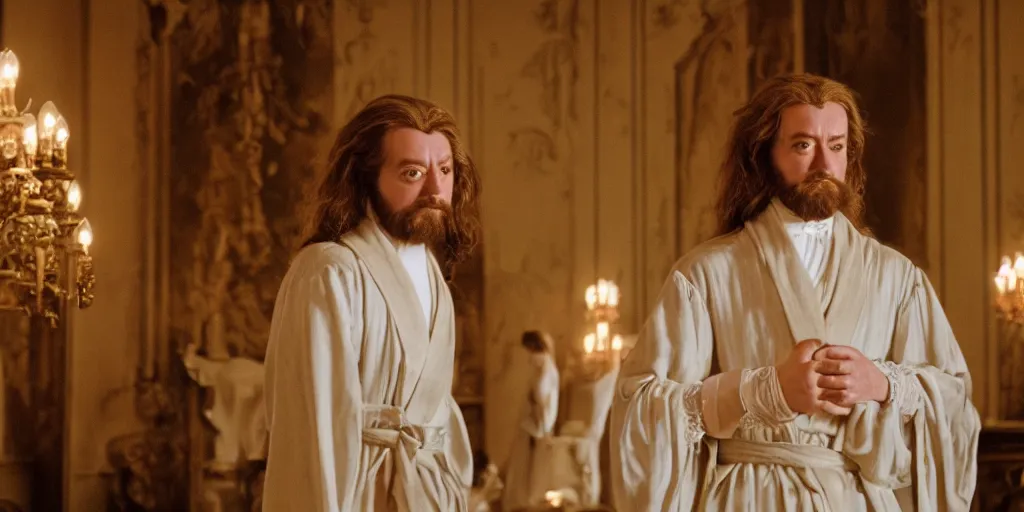 Prompt: Watson long hair flowing robes baroque room cinematic lighting stanley kubrick barry lyndon Canon eos M50 50mm