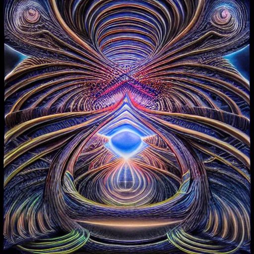 Prompt: thermodynamics of rare and unusual ideas absorbing the entropy of chaos while mechanisms of wonder weave ancient secrets, artists jose ortiz and alex grey, intricately detailed, three dimensional optical illusion, ambient occlusion, volumetric light