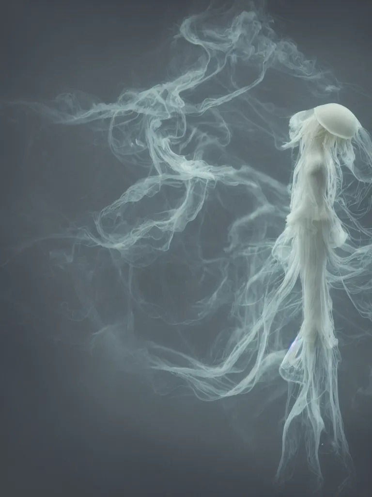 Prompt: cute fumo plush beautiful ectoplasmic gothic skeletal jellyfish ghost girl, glowing milky wisps of hazy smoke and volumetric fog on a stormy reflective river, lens flare, subsurface scattering, vignette, asymmetry, bokeh, refraction, vray