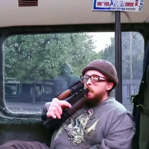 Image similar to sam hyde firing a rpg into a city bus, 4 k, realistic, serious, gritty, sam hyde