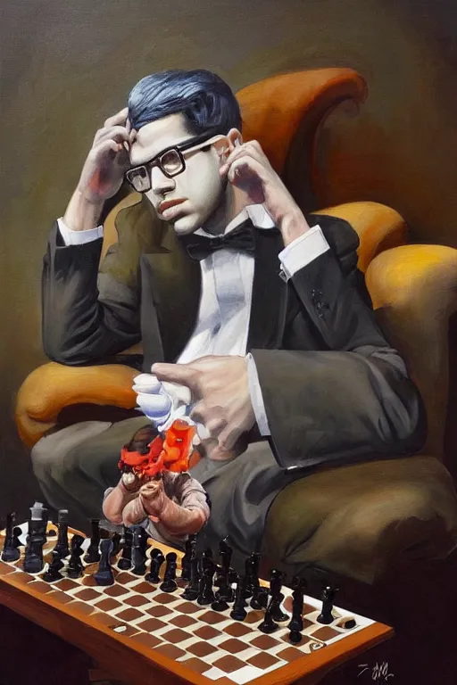 a painting of anish giri pondering over a chess board,, Stable Diffusion