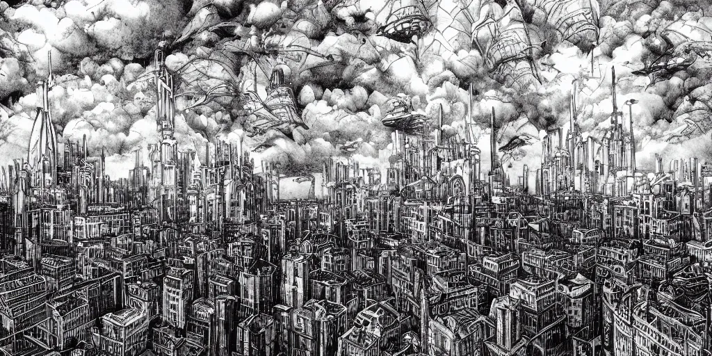 Image similar to pen and ink illustration, city buildings on top of tall structure, over the ocean, tall arches, sky high, buildings in the clouds, fading off to the horizon, steam punk, artstation