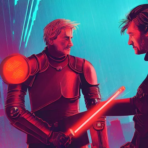 Image similar to jaime lannister and brienne of tarth fighting against a horde of neon zombies, cyberpunk art by james gilleard, cgsociety, retrofuturism, synthwave, retrowave, outrun