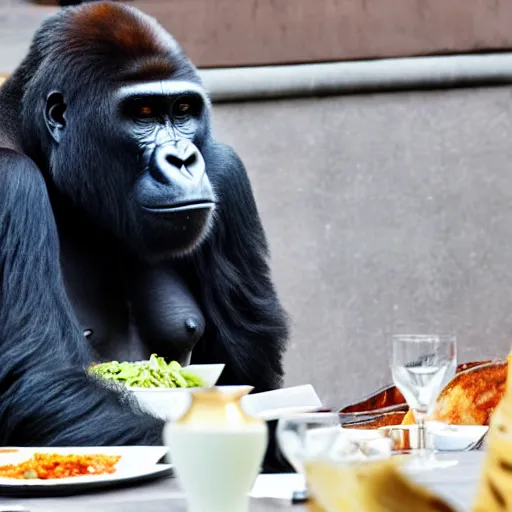 Image similar to gorilla at a fancy 5 star restaurant, eating an entire meal at his seat, 8k
