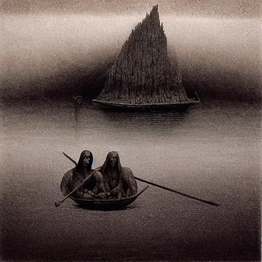 Image similar to “ charon, boatman of the river styx, ferrying deceased souls across the river and into the underworld, beksinski ”