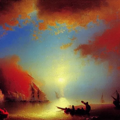 Prompt: by ivan aivazovsky facebook emotive. painting. a brightly colored, abstract scene. it appears to show a group of people or animals in a joyful embrace, with swirls of color & patterns around them.