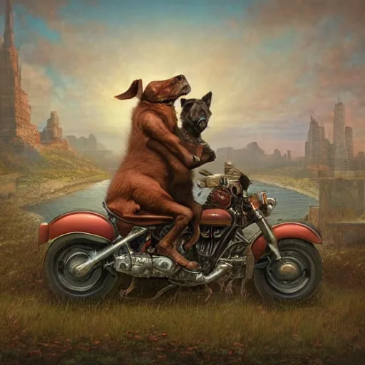 Prompt: a anthropomorph dog riding a motorbike in New York ultra detailed, 8k, by Tomasz Alen Kopera and Tony Sart-n 9