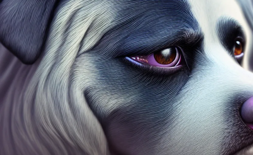 Image similar to ultra detailed close up facial portrait of a dog, extremely detailed, mystical colors, rim light, beautiful lighting, 8 k, stunning scene, raytracing, octane, trending on artstation