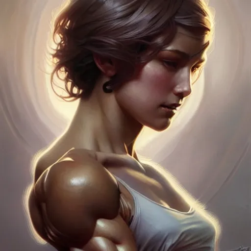 Image similar to muscular female with short hair, supermuscular upper body, D&D, fantasy, intricate, elegant, highly detailed, digital painting, artstation, concept art, smooth, sharp focus, illustration, art by artgerm and greg rutkowski and alphonse mucha