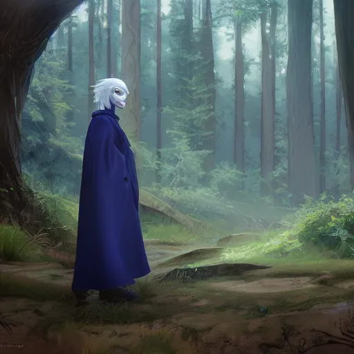 Image similar to concept art painting of an anthropomorphic albino raven wearing dark blue robes, in the deep forest, realistic, detailed, cel shaded, in the style of makoto shinkai and greg rutkowski and james gurney