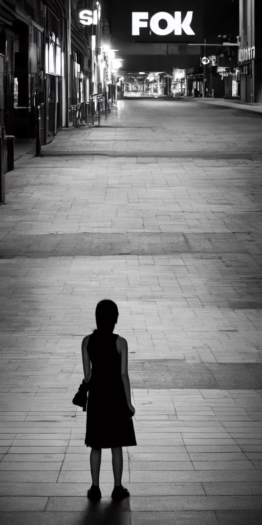 Image similar to a girl stands alone on a sidewalk, she is looking at a white billboard, hyper realism, rack focus, close establishing shot, empty street, neon lights illuminate her face, monochromatic, soft dramatic lighting, 4 k digital camera