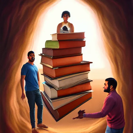 Image similar to a painting of three brown men and a brown woman emerging out of a giant open book, hyperrealistic faces, detailed digital art, aesthetic!, trending on artstation