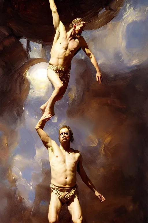 Image similar to beautiful detailed expressive impressionistic oil painting portrait of ancient roman god emperor steve buscemi levitating, ascending into the dark wearing the civic crown, renaissance painting, black background, art by anders zorn, wonderful masterpiece by greg rutkowski, expressive brush strokes, beautiful cinematic light, american romanticism by greg manchess, jessica rossier