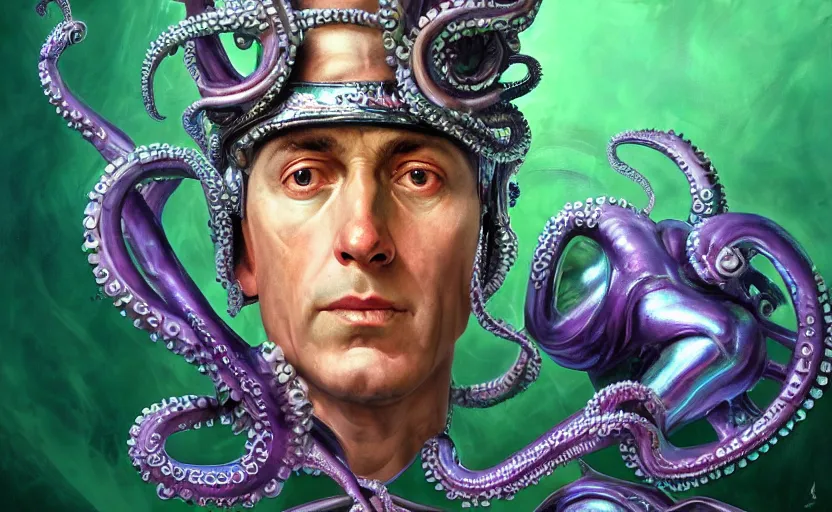 Prompt: baroque neoclassicist close - up portrait of an alien naval admiral wearing an iridescent retrofuturistic octopus mask, underwater background. iridescent silver butterflies. deep green and purple. highly detailed science fiction painting by norman rockwell, frank frazetta, and syd mead. rich colors, high contrast, gloomy atmosphere. trending on artstation and behance.